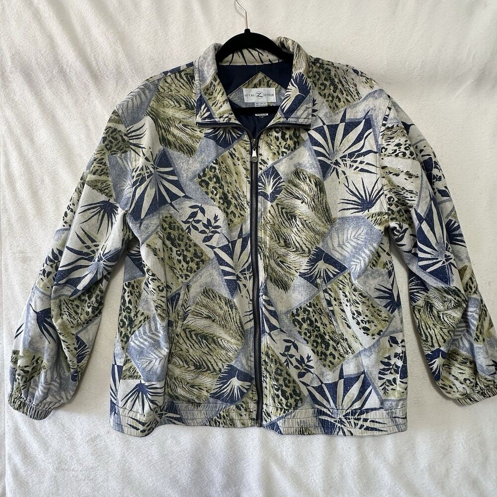 Vtg Vital Zone Jacket Women Medium Muted Leaf Animal Print Silk Zip Bomber *flaw